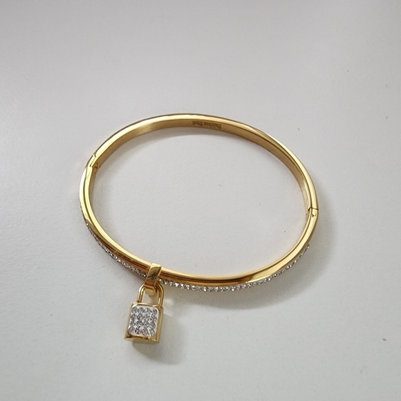 NWT Rhinestone Embellished Lock Charm Stainless Steel Bangle Evening Bracelet - Picture 3 of 7
